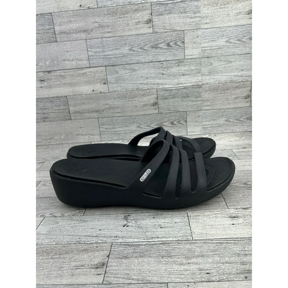 Crocs Women's‎ Rhonda Black Multi Strap Wedge Sandals Slides Comfort Size 11